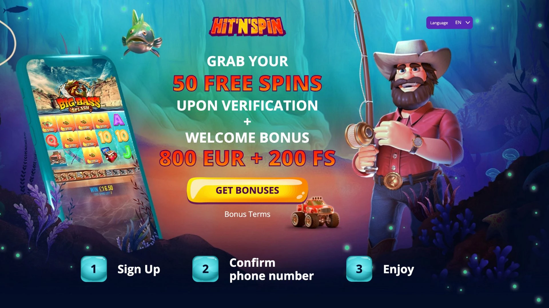 50 bezdepozīta griezieni Hitnspin